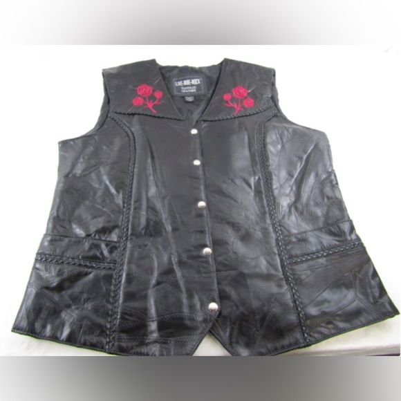 LIVE-RIDE-ROCK Women’s Buffalo Leather Embroidered Roses Moto Vest 4X GUC - Picture 8 of 11